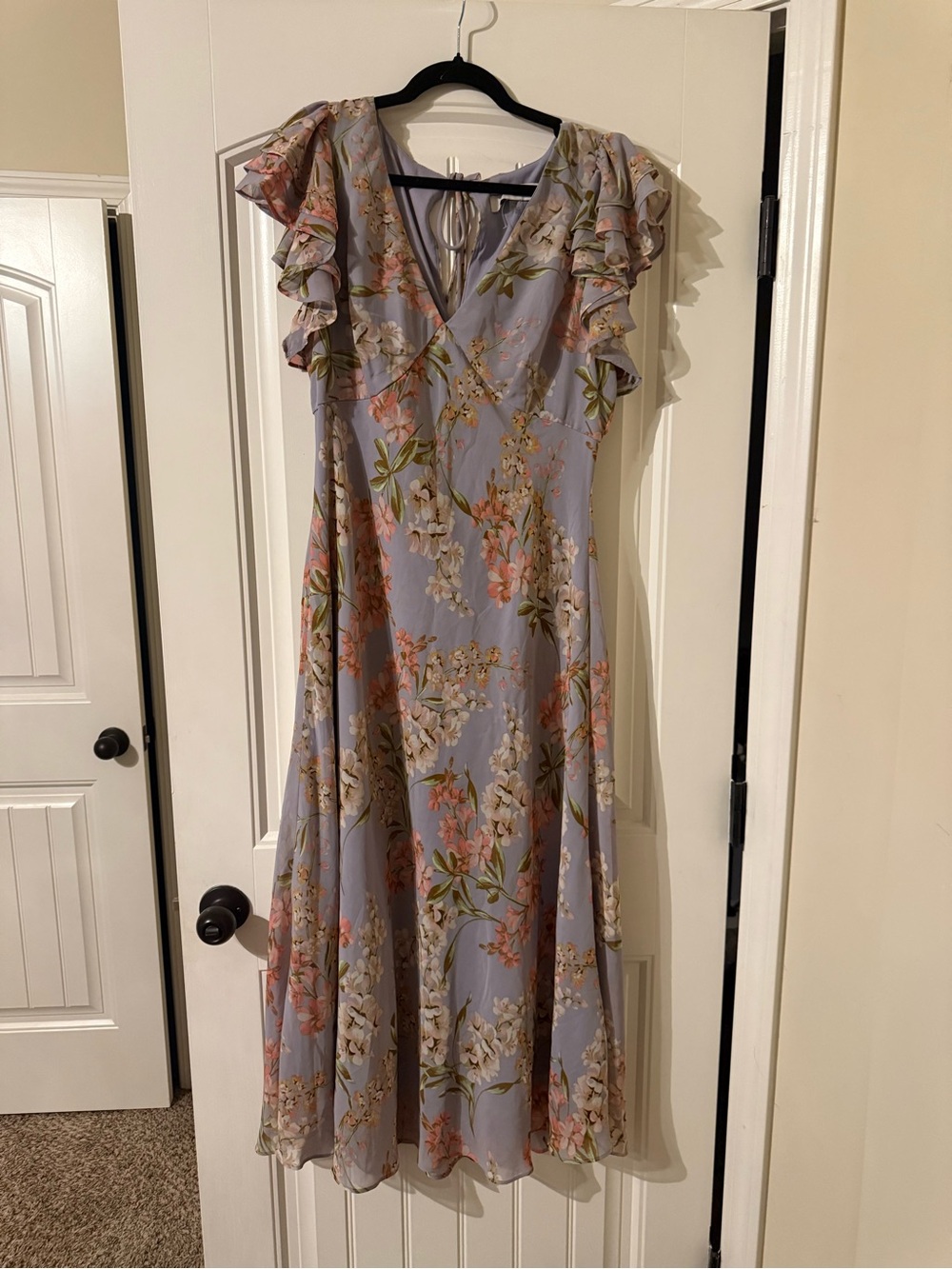 Taylor Lavender Floral Midi Dress with Ruffle Sleeves